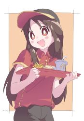  1girl absurdres azumanga_daioh baseball_cap black_pants blush brown_eyes brown_hair burger buttons collared_shirt cup drinking_straw employee_uniform fast_food_uniform food french_fries hair_over_shoulder happy hat highres holding holding_tray kasuga_ayumu kazuke_(kazuke9801) long_hair mcdonald's open_mouth outside_border pants red_shirt shirt tray wrapped_burger 