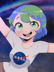  1girl blue_hair breasts commentary earth-chan earth_hair green_hair hair_ornament highres indiana_souf medium_breasts moon_hair_ornament multicolored_hair nasa nasa_logo open_mouth original outstretched_arms shirt smile solo t-shirt two-tone_hair underwear 