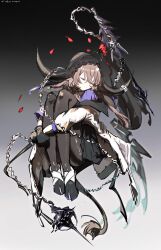  1girl animal_ears arknights black_gloves black_pantyhose brown_hair chain_weapon closed_eyes commentary cow_ears cow_girl cow_horns cow_tail dated flower flower_on_head gloves hair_between_eyes highres holding horns long_hair pallas_(arknights) pantyhose petals pppmepl purple_shirt red_flower red_rose rose rose_petals shirt short_hair_with_long_locks solo tail veil 