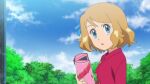  1girl alternate_costume blonde_hair blue_eyes clouds collared_dress day dress eyelashes fake_screenshot from_side holding looking_to_the_side mixed-language_commentary noelia_ponce outdoors parted_lips pink_dress pokemon pokemon_(anime) pokemon_xy_(anime) serena_(pokemon) short_hair sky solo upper_body watermark 