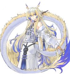 1girl absurdres arknights bare_shoulders bead_necklace beads blonde_hair blue_eyes breasts closed_mouth dragon_girl dragon_horns dragon_tail earrings eastern_dragon_horns eastern_dragon_tail hair_ornament hairpin highres horns jewelry jo_p long_hair long_sleeves multicolored_hair necklace rice_(plant) shirt shu_(arknights) simple_background small_breasts smile solo strapless strapless_shirt tail tassel tassel_earrings tube_top very_long_hair white_background white_tube_top 