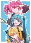  3girls ahoge akita_neru aqua_eyes aqua_hair aqua_nails bare_shoulders black_sleeves blonde_hair blush cellphone collared_shirt detached_sleeves drill_hair food frown grey_shirt grin hatsune_miku headphones headset highres holding holding_food holding_phone holding_spring_onion holding_vegetable kasane_teto long_hair looking_at_viewer marininho multiple_girls necktie one_eye_closed phone pink_eyes pink_hair pink_nails shirt side_ponytail smile spring_onion triangle_mouth triple_baka_(vocaloid) twin_drills twintails v-shaped_eyebrows v_over_eye vegetable very_long_hair vocaloid yellow_eyes yellow_necktie 