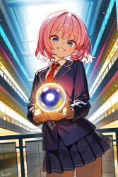  1girl absurdres ai-assisted black_skirt blue_eyes collared_shirt grin hepari highres indoors long_sleeves necktie open_mouth original pink_hair pleated_skirt red_necktie shirt short_hair skirt smile solo teeth white_shirt 