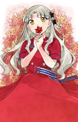  1girl 22/7 belt belt_buckle black_bow bow braid brown_eyes buckle buttons covered_mouth double-breasted dress feet_out_of_frame from_above grey_hair hair_bow highres leaf long_dress long_hair looking_at_viewer lying maple_leaf nagamine_kaede nani_mo_shiteagerarenai on_back on_leaf own_hands_together parted_bangs plaid_bow red_dress red_leaf short_sleeves side_braid single_braid solo trefle_r wavy_hair 