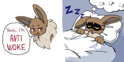  :3 animal_focus artist_name closed_eyes closed_mouth commentary counting_sheep dreaming drooling eevee english_commentary english_text eye_mask fang half-closed_eyes jaggy_lines looking_to_the_side luxxart lying multiple_views neck_fur no_humans on_back open_mouth pillow pokemon pokemon_(creature) red_eyes saliva signature sleeping speech_bubble talking thought_bubble u_u under_covers zzz 