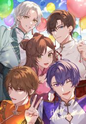  1girl 4boys :d ;d anniversary artem_wing_(tears_of_themis) balloon blue_eyes blue_sky braid braided_bangs brown_eyes brown_hair china_dress chinese_clothes closed_mouth clouds commentary_request day double_bun dress hair_bun hair_over_shoulder hand_up highres holding holding_balloon jacket long_hair luke_pearce_(tears_of_themis) marius_von_hagen_(tears_of_themis) multiple_boys one_eye_closed orange_jacket outdoors pink_dress purple_hair rosa_(tears_of_themis) single_braid sky smile sui_hisaki tears_of_themis v violet_eyes vyn_richter_(tears_of_themis) watermark white_hair white_jacket yellow_eyes 