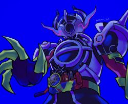  1boy alien armor black_hole blue_background blue_gloves bodysuit commentary evol_blackhole evol_driver evol_trigger evolto full_armor fullbottle gloves glowing gold_armor helmet highres horns kamen_rider kamen_rider_build_(series) kamen_rider_evol looking_at_viewer male_focus pink_eyes rider_belt science_fiction shoulder_armor shoulder_spikes solo spikes symbol-only_commentary tokusatsu upper_body wani_trt white_armor 