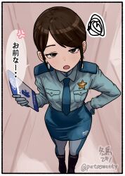  1girl anger_vein blue_necktie bodysuit bodysuit_under_clothes boots bored breast_pocket breasts brown_eyes brown_hair foreshortening from_above gloves hand_on_own_hip highres jitome kanzaki_ryouko long_sleeves looking_at_viewer milky_galactic_universe milky_subway necktie open_mouth pencil_skirt pino_sweet pocket police police_badge police_uniform policewoman short_hair sidelocks skirt small_breasts solo speech_bubble spoken_anger_vein squiggle swept_bangs translation_request 