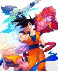  black_hair blue_eyes blue_sash closed_mouth dougi dragon_ball dragon_ball_gt dragon_ball_super dragon_ball_super_broly dragon_ball_z gogeta highres long_hair male_focus metamoran_vest monkey_boy monkey_tail multiple_boys muscular muscular_male ommmyoh open_mouth pants red_fur saiyan sash smile son_goku spiky_hair super_saiyan super_saiyan_1 super_saiyan_4 tail twitter_username 