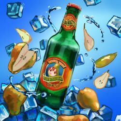  1girl alcohol blue_background bottle food food_focus fruit glass_bottle highres ice ice_cube kasane_teto no_humans pear pearto rlsvd russian_text utau 