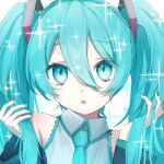  1girl absurdres baikinman640 blue_eyes blue_hair blue_nails collared_shirt detached_sleeves eyelashes grey_shirt hair_between_eyes hatsune_miku highres long_hair looking_at_viewer nail_polish open_mouth shirt solo sparkle straight-on twintails upper_body very_long_hair vocaloid 