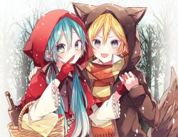  1boy 1girl animal_costume animal_ears bare_tree basket blonde_hair blue_hair brown_eyes brown_ribbon capelet closed_mouth commentary_request double-parted_bangs frilled_sleeves frills gloves green_eyes hair_between_eyes hand_up hatsune_miku holding_hands hood hood_up hoodie interlocked_fingers kagamine_len kaho_0102 long_hair long_sleeves looking_at_viewer low_twintails neck_ribbon open_clothes open_hoodie outdoors red_capelet red_gloves red_scarf ribbon scarf shirt short_hair tail tongue tongue_out tree twintails two-tone_scarf upper_body vocaloid white_shirt wide_sleeves winter wolf_costume wolf_ears wolf_tail yellow_scarf 