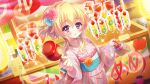  1girl bag blonde_hair blue_flower blue_sash brown_bag candy_apple dot_nose dutch_angle film_grain flower food food_stand fruit game_cg hair_flower hair_ornament handbag hasegawa_mii holding holding_bag incoming_food izumi_tsubasu japanese_clothes kimono kiwi_(fruit) kiwi_slice lantern lens_flare looking_at_viewer menu non-web_source obi official_art paper_lantern parted_lips pineapple pineapple_slice pink_flower pink_kimono re:stage! sash short_hair sidelocks skewer solo sparkle sparkling_eyes strawberry striped striped_kimono summer_festival vertical-striped_kimono vertical_stripes violet_eyes yellow_flower 