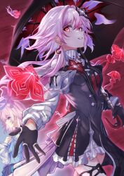  2girls absurdres asymmetrical_dress black_dress black_flower black_gloves black_umbrella blue_eyes breasts commentary_request cowboy_shot dress dual_persona earrings evernight_(honkai:_star_rail) evil_grin evil_smile flower glint gloves grin hair_between_eyes hair_ornament hairclip half-jacket highres holding holding_umbrella honkai:_star_rail honkai_(series) jellyfish jewelry long_hair long_sleeves looking_at_viewer march_7th_(honkai:_star_rail) march_7th_(preservation)_(honkai:_star_rail) medium_breasts medium_hair multicolored_eyes multiple_girls oboro_(o_bo_ro_ro_ro) official_alternate_eye_color parallel_hairclips pink_eyes pink_hair red_eyes single_bare_shoulder smile two-tone_eyes umbrella very_long_hair 