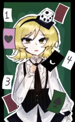  1other ace_(playing_card) ace_of_hearts ace_of_spades adapted_costume between_fingers black_border black_gloves black_hairband black_necktie black_skirt black_vest blonde_hair border buttons card center_frills clenched_hand collared_shirt compass_(xinjinjumin6687443) cowboy_shot dice dice_hair_ornament dot_nose eye_of_senri eyes_visible_through_hair fingerless_gloves floating_card frilled_shirt_collar frilled_sleeves frills gloves green_background hair_ornament hairband happy heart highres holding holding_dice len&#039;en long_sleeves medium_hair miniskirt necktie open_mouth outline outside_border pinstripe_pattern pinstripe_vest playing_card puffy_long_sleeves puffy_sleeves shirt single_fingerless_glove skirt sleeves_past_wrists solo spade_(shape) standing striped_clothes tsurime vertical-striped_clothes vertical-striped_necktie vest white_outline white_shirt xeno_a yellow_eyes 