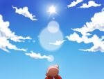  1boy arm_up blue_sky clouds colored_skin commentary_request day from_behind kirby kirby_(series) no_humans outdoors outstretched_arm pink_skin red_footwear shirushiki shoes sky solo sun sunlight 