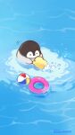 2others adorable animal animal_focus baby_penguin ball beachball beak bird black_eyes chick commentary_request feathers grey_feathers highres innertube looking_at_another lying mofupiyo motion_lines no_humans ocean on_stomach original partially_submerged penguin ripples solid_circle_eyes swimming teaching twitter_username yellow_feathers 