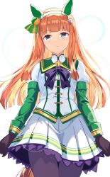  1girl animal_ears blue_eyes blunt_bangs blush bow bowtie brown_gloves commentary cowboy_shot ear_covers gloves hairband highres horse_ears horse_girl horse_tail jacket kanon_(user_rrhr4244) long_hair long_sleeves looking_at_viewer miniskirt orange_hair pantyhose parted_lips pleated_skirt purple_bow purple_bowtie purple_pantyhose silence_suzuka_(racing)_(umamusume) silence_suzuka_(umamusume) simple_background skirt solo tail umamusume white_background white_hairband white_jacket white_skirt 