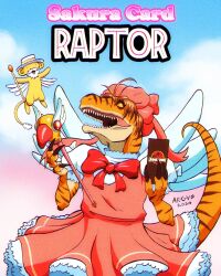  2024 2others animalization argus_line_art artist_name brown_hair card cardcaptor_sakura claws cosplay dinosaur dinosaur_tail dress hat highres holding holding_card holding_wand john_hammond john_hammond_(cosplay) jurassic_park kero_(cardcaptor_sakura) kinomoto_sakura kinomoto_sakura_(cosplay) kinomoto_sakura_(magician) magical_girl multiple_others pink_dress pun red_hat tail velociraptor wand what 