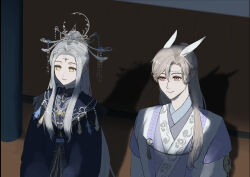  1boy 1girl animal_ears baishuo_(shining_nikki) blue_capelet blue_hanfu brown_eyes brown_hair capelet chinese_clothes chinese_hairpin circlet closed_mouth crescent crescent_hair_ornament crescent_pin extra_ears forehead_jewel grey_hair hair_between_eyes hair_bun hair_ornament hairpin half_updo hanfu happy highres kohanai_setsuna lipstick long_hair looking_ahead makeup moonset_(shining_nikki) multiple_hairpins night nikki_(series) outdoors pillar pink_lips purple_hanfu qingyue_(shining_nikki) rabbit_ears shadow shining_nikki sidelocks single_hair_bun smile straight_hair tassel upper_body veranda very_long_hair yellow_eyes yunjian 