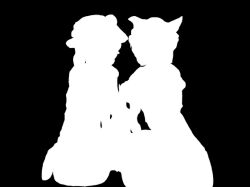  2girls alstroemeria_records bad_apple!! bow cage_in_lunatic_runagate food fossilized_wonders fruit greyscale hair_bow hat implied_yuri lost_media monochrome multiple_girls peach recreation silent_sinner_in_blue silhouette touhou touhou_bougetsushou watatsuki_no_toyohime watatsuki_no_yorihime yuri 