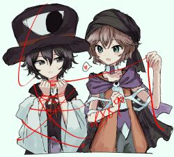  2others absurdres androgynous bandana bare_shoulders black_bandana black_cape black_coat black_hair black_hat blue_eyes bound bound_arms brooch brown_hair cape choker cine_hamal coat collarbone collared_shirt cropped_legs detached_sleeves dot_nose enraku_tsubakura eye_brooch eye_of_senri green_shorts grey_eyes hair_between_eyes happy hat heart highres holding holding_string jacket jewelry kimura8556spsk kuzu_suzumi len&#039;en long_sleeves looking_at_another multiple_others neck_ribbon nervous open_clothes open_jacket open_mouth orange_jacket other_focus parted_lips purple_scarf purple_shirt red_ribbon ribbon scarf shirt short_hair shorts simple_background sleeveless sleeveless_coat sleeveless_jacket sleeveless_shirt smile speech_bubble spoken_heart string string_around_neck string_of_fate teeth tied_up_(nonsexual) top_hat turban two-tone_shirt white_background white_choker white_shirt white_sleeves wide_sleeves yandere 