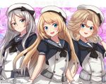  3girls artist_name beret black_bow black_neckerchief blonde_hair blue_eyes blue_sailor_collar blush bow dress gloves grey_hair hat hat_bow janus_(kancolle) javelin_(kancolle) jervis_(kancolle) kantai_collection long_hair looking_at_viewer multiple_girls neckerchief open_mouth roko_roko_(doradorazz) sailor_collar sailor_dress short_hair short_sleeves twitter_username white_gloves white_headwear 