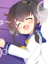  1girl ^_^ anchor_symbol arbok aru_(arudes) black_hair blue_sailor_collar blush closed_eyes commentary_request crossover dress gradient_hair grey_hair hair_between_eyes hat highres kantai_collection long_sleeves mini_hat multicolored_hair neckerchief open_mouth pokemon pokemon_(creature) sailor_collar sailor_dress short_hair_with_long_locks solo_focus tokitsukaze_(kancolle) yellow_neckerchief 