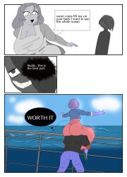  ass black_skirt blue_skin colored_skin cookinpizzaart demon_boy demon_girl demon_tail dialogue_box dress green_shoes highres huge_ass ocean original pervert railing red_skin shoes sitting_on_shoulder skirt tail 