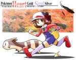  1girl :o autumn bag blue_overalls bow brown_eyes brown_hair cabbie_hat clenched_hands copyright_name full_body furret handbag hat hat_bow le_petit_prince lyra_(pokemon) open_mouth outline overalls photo_background pokegear pokemon pokemon_(creature) pokemon_(game) pokemon_hgss rascal red_bow red_footwear running shadow shoes short_hair solo thigh-highs tree twintails white_headwear white_outline white_thighhighs yellow_bag 