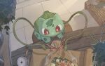  animal_focus basket bouquet bright_pupils bulbasaur claws flower flower_basket flower_shop hanging_plant no_humans nostrils pink_flower pink_ribbon plant pokemon pokemon_(creature) red_eyes ribbon shichiku shop solo table tile_floor tiles vines white_pupils 