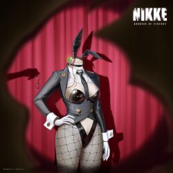  animal_ears black_jacket black_necktie blurry blurry_foreground breasts character_request choker clothing_cutout collared_shirt copyright_name cup curtains fishnet_pantyhose fishnets gloves goddess_of_victory:_nikke highleg highleg_leotard holding holding_cup jacket leotard long_sleeves mannequin necktie official_art pantyhose playboy_bunny rabbit_ears shadow shirt white_gloves 