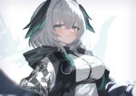  1girl absurdres aqua_eyes aqua_wings arknights black_jacket blurry blurry_foreground blush breasts commentary delfino dress feathered_wings grey_hair hair_between_eyes head_wings highres ho&#039;olheyak_(arknights) hood hooded_jacket huge_breasts jacket looking_at_viewer portrait short_hair simple_background smile solo upper_body white_background white_dress white_jacket wings 