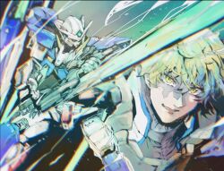  1boy artificial_eye blonde_hair celestial_being drawing_sword glowing glowing_sword glowing_weapon graham_aker gundam gundam_00 gundam_00_festival_10_&quot;re:vision&quot; gundam_exia gundam_exia_repair_iv holding holding_shield holding_sword holding_weapon humanoid_robot kare_(0621utak) katana looking_at_viewer mecha mechanical_arms pilot robot shield short_hair smile solo standing sword unsheathed v-fin weapon 