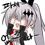  1girl bad_id bad_pixiv_id bare_shoulders black_bow black_bowtie black_jacket black_ribbon blush_stickers bow bowtie breasts chibi commentary covering_own_eyes earrings english_commentary five-seven_(girls&#039;_frontline) girls_frontline grey_hair hair_between_eyes hair_ornament hair_ribbon jacket jewelry kkis-i large_breasts long_hair long_sleeves lowres open_mouth ponytail ribbon shirt simple_background sleeveless sleeveless_shirt smile solo transparent_background triangle_mouth upper_body very_long_hair white_shirt 