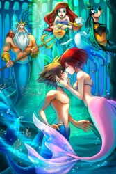  2girls 4boys animal ariel_(disney) artist_name beard bikini blue_eyes blush bracelet brown_hair commentary covering_another&#039;s_eyes crown disney donald_duck english_commentary facial_hair fish flounder_(the_little_mermaid) furry furry_male goofy hetero highres holding holding_polearm holding_weapon hollypolllyy jewelry kairi_(kingdom_hearts) king_triton_(disney) kingdom_hearts kingdom_hearts_i kiss kissing_nose lips long_hair looking_at_another mermaid monster_girl multiple_boys multiple_girls muscular muscular_male nomura_tetsuya_(style) one_eye_closed pink_lips polearm profile red_hair sebastian_(disney) shell shell_bikini short_hair signature smile sora_(kingdom_hearts) submerged swimsuit tentacles the_little_mermaid_(disney) trident water weapon white_hair 
