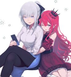  2girls ;p arm_scrunchie arms_around_waist baobhan_sith_(chaldea_satellite_station)_(fate) baobhan_sith_(fate) bare_shoulders belt black_belt black_bow black_pantyhose blue_eyes blue_skirt bow braid breasts chair collared_shirt crossed_legs daisi_gi dress dress_shirt earrings fate/grand_order fate_(series) feet_out_of_frame flower grey_eyes grey_hair hair_between_eyes hair_bow hair_flower hair_ornament half_up_braid halter_dress halterneck high_ponytail highres hug hug_from_behind jewelry large_breasts light_blush long_hair long_sleeves looking_at_phone morgan_le_fay_(chaldea_satellite_station)_(fate) morgan_le_fay_(fate) mother_and_daughter multiple_girls office_chair office_lady one_eye_closed open_mouth pantyhose pencil_skirt petticoat phone pink_hair pointy_ears ponytail red_dress red_flower shirt sidelocks simple_background sitting skirt smile star_(symbol) swivel_chair tiara tongue tongue_out white_background white_hair white_petticoat white_shirt wing_collar yokozuwari 