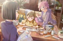  3: 3girls :d animal_print anyoji_hime black_hair blue_eyes blunt_bangs blunt_ends bob_cut book book_stack braid brick_wall brown_hair brown_shorts center-flap_bangs closed_mouth collarbone couch cup dinosaur_print dog_print dutch_angle frown game_cg gingham_shirt glass_mug green_eyes handheld_game_console hasu_no_shousankaku highres holding holding_book holding_pencil homework indoors jacket kachimachi_kosuzu lens_flare link!_like!_love_live! long_sleeves love_live! lower_teeth_only math mechanical_pencil momose_ginko mooncake mug multiple_girls nintendo_switch_lite non-web_source official_alternate_costume official_art on_couch open_clothes open_jacket open_mouth pencil pencil_case pink_eyes pink_hair plant polo_shirt potted_plant print_bag print_shirt puffy_short_sleeves puffy_sleeves purple_jacket rounded_collar shirt short_hair short_shorts short_sleeves shorts side_braids sitting sketchbook smile snack split_mouth stuffed_flower table teacup teeth textbook tumbler v-shaped_eyebrows virtual_youtuber white_shirt yellow_shirt 