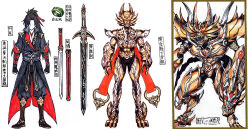  1boy arm_blade armor character_request clawed_boots full_armor full_body garo garo:honoo_no_kokuin garo_(series) garoshirou gold_armor helmet highres horns long_hair long_tail looking_at_viewer lost_soul_beast_garo open_mouth orange_eyes pauldrons red_eyes sharp_teeth sharp_toenails shoulder_armor solo sword tail teeth toenails tokusatsu weapon 