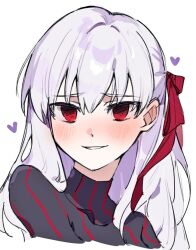  1girl blush commentary_request dark_sakura evil_grin evil_smile fate/stay_night fate_(series) grin hair_ribbon heart heaven&#039;s_feel korean_commentary long_hair looking_at_viewer matou_sakura red_eyes red_ribbon ribbon simple_background smile solo upper_body white_background white_hair yamabuki_otk 