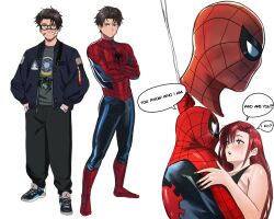  1boy 1girl black_hair black_pants blue_eyes blue_jacket bodysuit full_body glasses hands_in_pockets highres jacket marvel mary_jane_watson mugi_(mugit49) pants peter_parker red_bodysuit red_hair short_hair simple_background spider-man spider-man_(series) upper_body white_background 