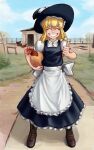  1girl absurdres apron bird black_headwear blonde_hair blue_sky braid brown_footwear chicken closed_eyes clouds commentary cross-laced_footwear english_commentary facing_viewer full_body grass hat highres kirisame_marisa meeshammybr outdoors short_sleeves side_braid single_braid sky smile standing thumbs_up touhou v-shaped_eyebrows waist_apron white_apron witch_hat 