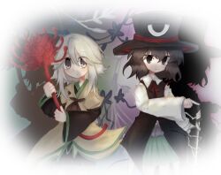  2others ascot bare_shoulders black_coat black_eyes black_hair black_hat black_kimono black_shorts border brown_ascot brown_coat closed_mouth coat coattails collared_coat collared_shirt compass_(xinjinjumin6687443) cowboy_shot detached_sleeves dot_nose drop_shadow earthen_miraculous_sword enraku_tsubakura expressionless eye_of_senri eyes_visible_through_hair floral_background flower gradient_background green_background green_hakama grey_eyes grey_hair hair_between_eyes hakama hakama_short_skirt hakama_skirt happy hat holding holding_flower houlen_yabusame japanese_clothes jinbei_(clothes) jitome kimono lapels layered_sleeves len&#039;en light_blush light_frown long_sleeves medium_hair multiple_others neck_ribbon notched_lapels puffy_short_sleeves puffy_sleeves purple_background reactivate_majestical_imperial red_flower red_ribbon ribbon round_border shirt short_hair_with_long_locks short_kimono short_over_long_sleeves short_sleeves shorts sidelocks skirt sleeveless sleeveless_coat sleeveless_shirt sleeves_past_wrists smile spider_lily standing sword tareme top_hat two-tone_background vignetting weapon white_border white_shirt white_sleeves wide_sleeves 