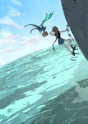  1girl black_shirt blue_shorts blue_sky boots briefcase brown_boots climbing_ladder clouds cloudy_sky creature day demizu_posuka grey_hair highres holding holding_briefcase ladder long_braid long_hair ocean original outdoors shirt shorts sky water 