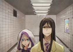  1boy 1girl black_eyes black_hair fate_(series) frown gray_(fate) green_eyes grey_hair hood long_hair lord_el-melloi_ii lord_el-melloi_ii_case_files multicolored_hair necktie nemugiko purple_necktie signature streaked_hair suit the_exit_8 waver_velvet 