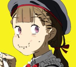  1girl 524ryo :i beret black_hat bow bowtie braid brown_hair center-flap_bangs cheek_bulge chinese_spoon collared_shirt commentary_request eating food food_on_face fried_rice frilled_shirt_collar frills hachiban_ramen hachiban_ramen_uniform hair_ribbon hat highres holding holding_spoon kachimachi_kosuzu link!_like!_love_live! long_hair love_live! low_twintails official_alternate_hairstyle pink_eyes portrait red_bow red_bowtie red_ribbon ribbon rice rice_on_face shirt side_braids simple_background solo spoon twintails virtual_youtuber white_shirt yellow_background 