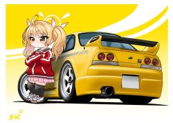  1girl blonde_hair blue_archive car chibi full_body halo highres motor_vehicle nissan nissan_skyline nissan_skyline_gt-r nissan_skyline_r33 skirt solo standing tomimon twintails yellow_car yellow_eyes yoshimi_(blue_archive) 