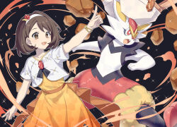  1girl 1other 88_(einnimnech) bracelet breasts brown_eyes brown_hair cinderace dress fang flower furry gloria_(anniversary_2025)_(pokemon) gloria_(pokemon) gradient_clothes gradient_dress hair_ornament hairband highres jewelry official_alternate_costume open_mouth orange_dress outstretched_arm pointing pokemon pokemon_(creature) pokemon_masters_ex rock short_hair short_sleeves smile terastallization white_hairband 