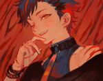  1boy black_hair bracelet choker commentary_request ensemble_stars! hand_up jewelry korean_commentary kuzuvine long_sleeves looking_at_viewer male_focus multicolored_hair nagumo_tetora one_eye_closed open_mouth orange_eyes red_background redhead short_hair solo streaked_hair teeth turtleneck two-tone_hair upper_body upper_teeth_only 