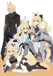  1boy 3girls :d animal_ear_fluff animal_ears arknights armor armored_boots black_bow black_footwear black_gloves black_jacket black_pants black_thighhighs blemishine_(arknights) blonde_hair blue_eyes blue_shirt boots bow breastplate breasts brown_background brown_gloves brown_headwear closed_mouth commentary_request crossed_legs garrison_cap gauntlets gloves hair_between_eyes hair_bow hat high_heels highres horse_ears horse_girl horse_tail jacket lying medium_breasts mlynar_(arknights) multiple_girls nearl_(arknights) on_side orange_eyes pants ponytail shirt short_eyebrows sitting sleepyowl_(jobkung15) smile standing standing_on_one_leg tail thick_eyebrows thigh-highs tilted_headwear two-tone_background v-shaped_eyebrows whislash_(arknights) white_background 